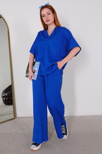 TKM-03449 Saks Mavisi V Yaka Bluz Pantolon Örme Bürümcük Kumaş İkili Takım 