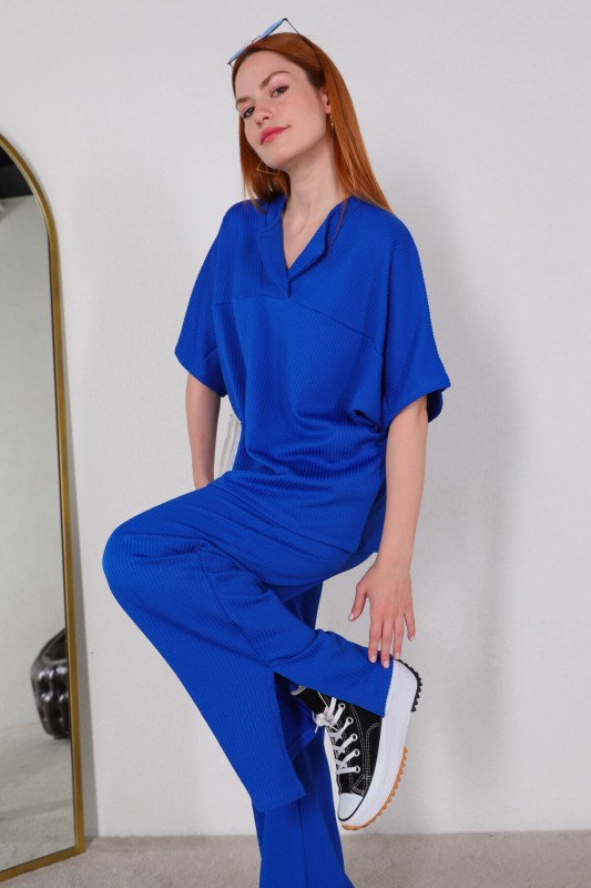 TKM-03449 Saks Mavisi V Yaka Bluz Pantolon Örme Bürümcük Kumaş İkili Takım