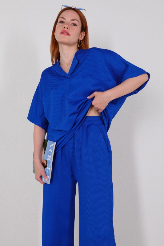 TKM-03449 Saks Mavisi V Yaka Bluz Pantolon Örme Bürümcük Kumaş İkili Takım - 3