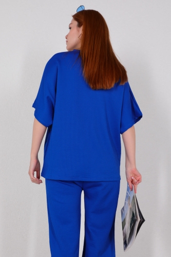 TKM-03449 Saks Mavisi V Yaka Bluz Pantolon Örme Bürümcük Kumaş İkili Takım - Thumbnail