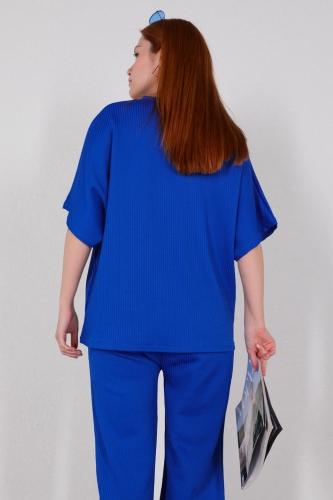 TKM-03449 Saks Mavisi V Yaka Bluz Pantolon Örme Bürümcük Kumaş İkili Takım - 6