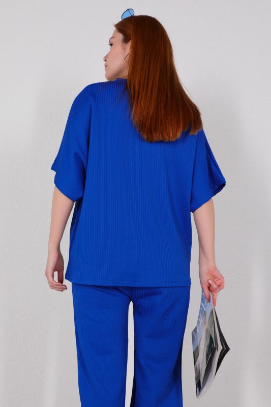 TKM-03449 Saks Mavisi V Yaka Bluz Pantolon Örme Bürümcük Kumaş İkili Takım - 6