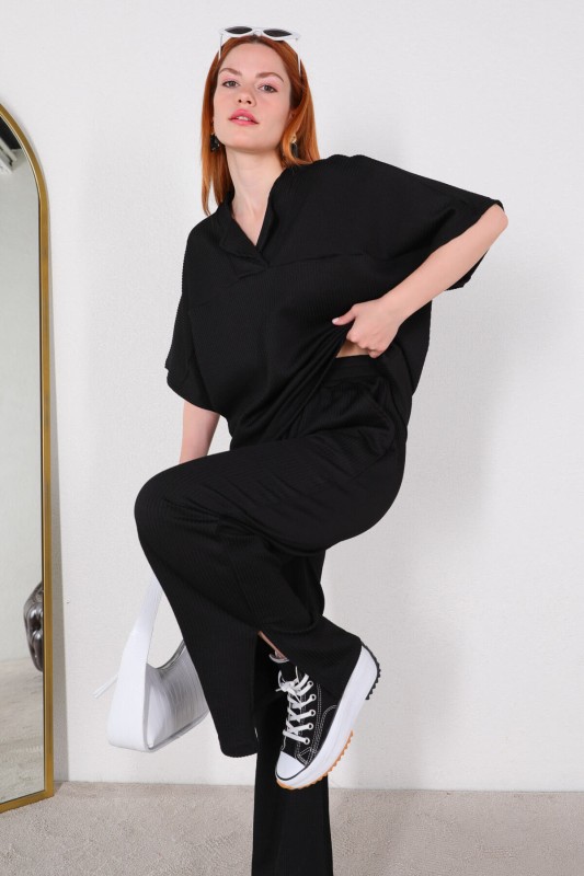 TKM-03449 Siyah V Yaka Bluz Pantolon Örme Bürümcük Kumaş İkili Takım - 2