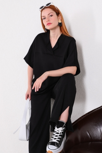 TKM-03449 Siyah V Yaka Bluz Pantolon Örme Bürümcük Kumaş İkili Takım - 3