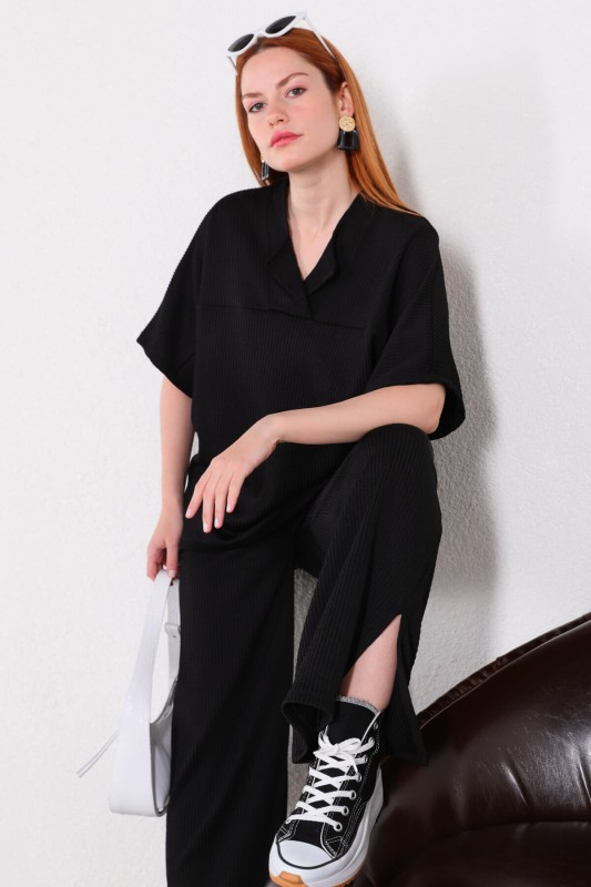 TKM-03449 Siyah V Yaka Bluz Pantolon Örme Bürümcük Kumaş İkili Takım - 3