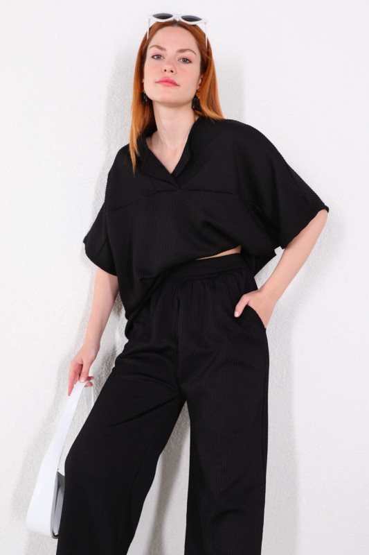 TKM-03449 Siyah V Yaka Bluz Pantolon Örme Bürümcük Kumaş İkili Takım - 4