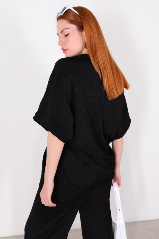 TKM-03449 Siyah V Yaka Bluz Pantolon Örme Bürümcük Kumaş İkili Takım - 6