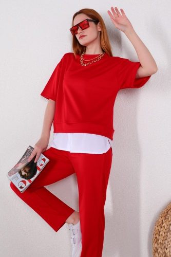TKM-03450 Kırmızı Gömlek Detaylı Scuba Kumaş İkili Takım - Thumbnail