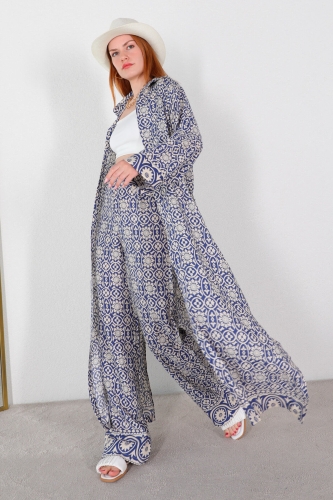 TKM-03452 Mavi Etnik Desen Kuşaklı Kimono Takım - Thumbnail