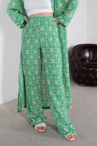 TKM-03452 Yeşil Etnik Desen Kuşaklı Kimono Takım - Thumbnail