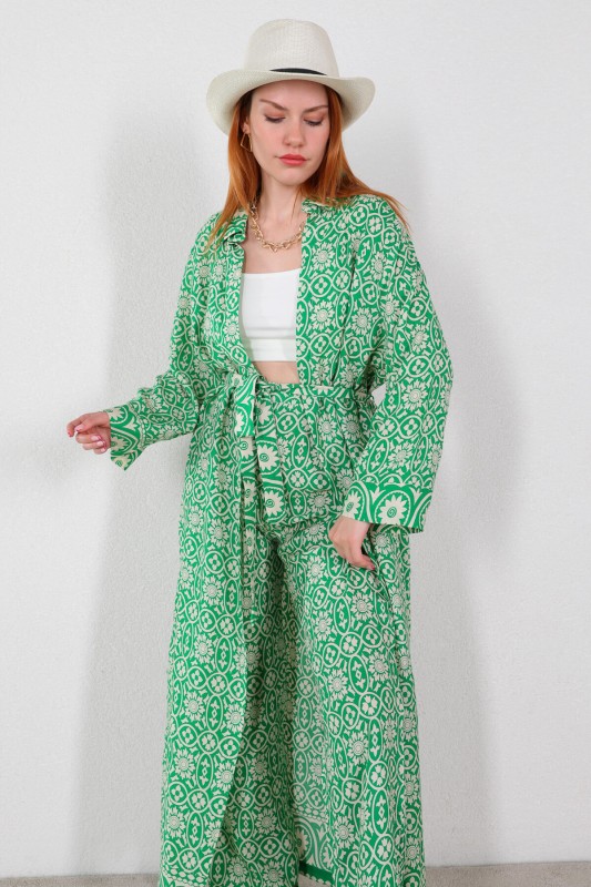 TKM-03452 Yeşil Etnik Desen Kuşaklı Kimono Takım