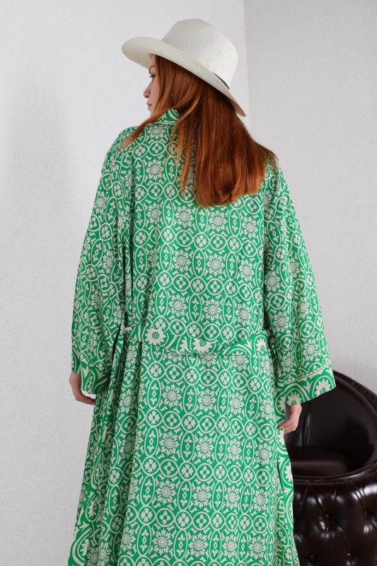 TKM-03452 Yeşil Etnik Desen Kuşaklı Kimono Takım