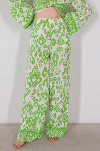TKM-03453 Açık Yeşil Etnik Desen Bağlama Detay Bluz Salaş Pantolon İkili Takım - Thumbnail