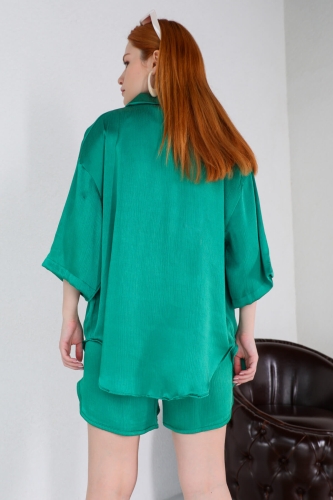 TKM-03455 Yeşil Floş Saten Kumaş Gömlek Şort İkili Takım - Thumbnail