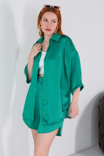 TKM-03455 Yeşil Floş Saten Kumaş Gömlek Şort İkili Takım - Thumbnail