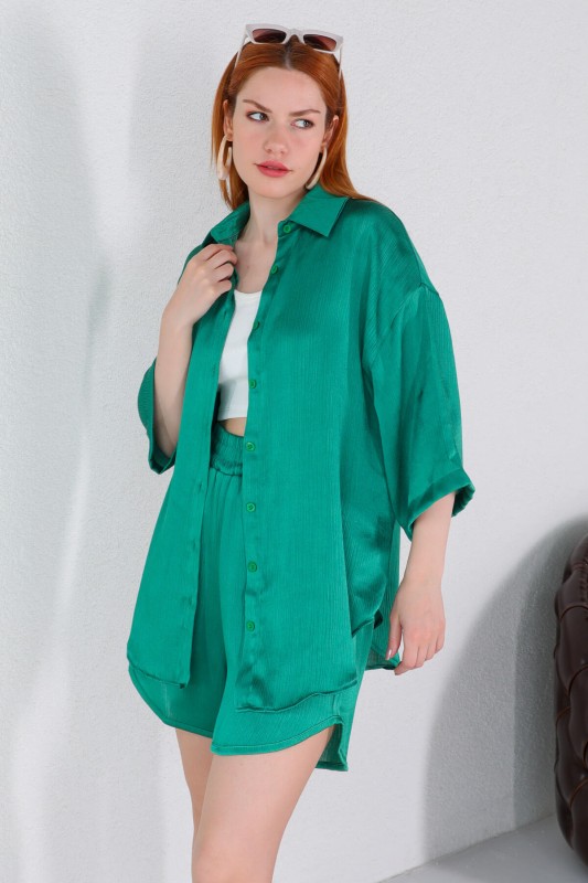 TKM-03455 Yeşil Floş Saten Kumaş Gömlek Şort İkili Takım