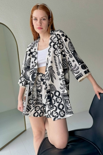 TKM-03463 Siyah Beyaz Özgün Desen Keten Kimono Şort İkili Takım - Thumbnail