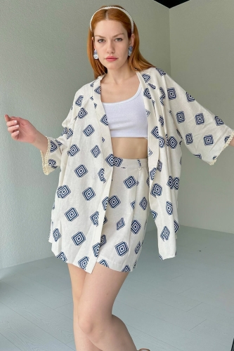 Cappmoda - TKM-03464 Mavi Geometrik Desen Keten Kimono Şort İkili Takım (1)