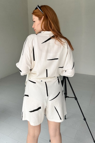 TKM-03467 Siyah Beyaz Çizgi Desen Keten Kimono Şort İkili Takım - Thumbnail