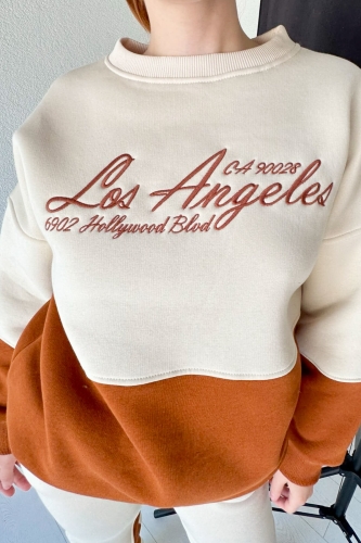 TKM-03478 Kahverengi Los Angeles Nakışlı Parçalı Sweatshirt Eşofman Üç İplik Şardonlu Takım - Thumbnail