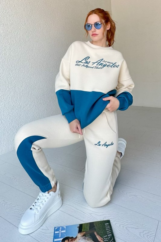 TKM-03478 Mavi Los Angeles Nakışlı Parçalı Sweatshirt Eşofman Üç İplik Şardonlu Takım