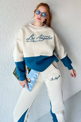 TKM-03478 Mavi Los Angeles Nakışlı Parçalı Sweatshirt Eşofman Üç İplik Şardonlu Takım - Thumbnail