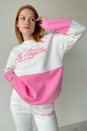 TKM-03478 Pembe Los Angeles Nakışlı Parçalı Sweatshirt Eşofman Üç İplik Şardonlu Takım - Thumbnail
