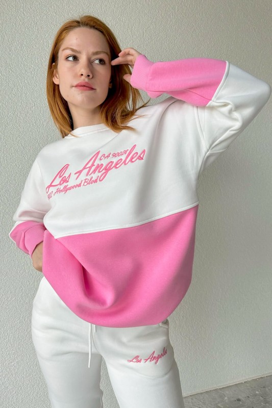 TKM-03478 Pembe Los Angeles Nakışlı Parçalı Sweatshirt Eşofman Üç İplik Şardonlu Takım