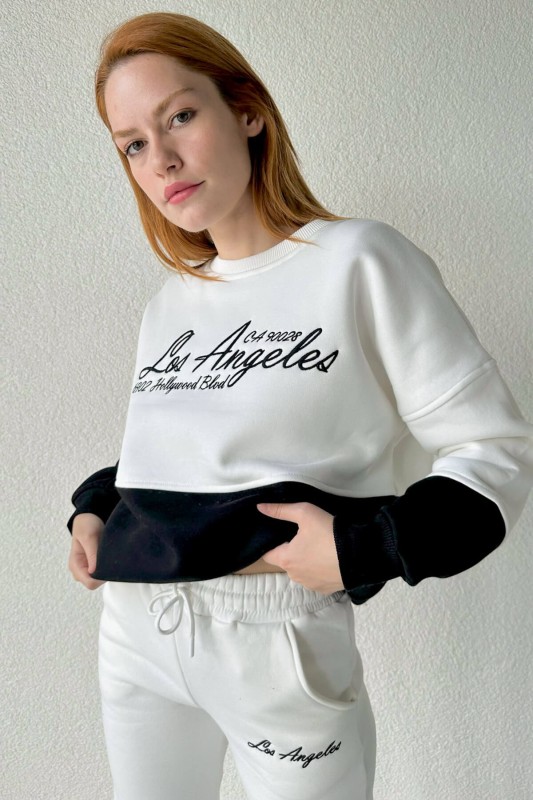 TKM-03478 Siyah Los Angeles Nakışlı Parçalı Sweatshirt Eşofman Üç İplik Şardonlu Takım