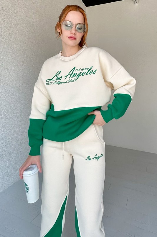 TKM-03478 Yeşil Los Angeles Nakışlı Parçalı Sweatshirt Eşofman Üç İplik Şardonlu Takım