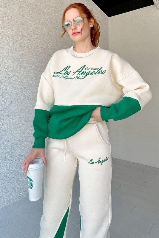 TKM-03478 Yeşil Los Angeles Nakışlı Parçalı Sweatshirt Eşofman Üç İplik Şardonlu Takım