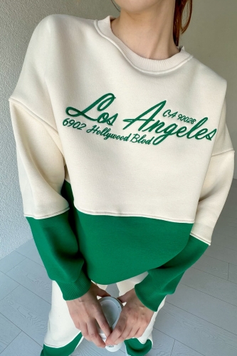 TKM-03478 Yeşil Los Angeles Nakışlı Parçalı Sweatshirt Eşofman Üç İplik Şardonlu Takım - Thumbnail