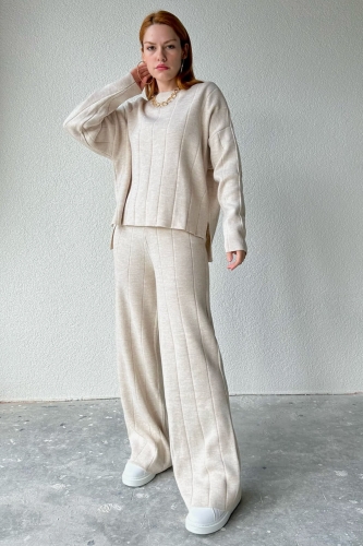 TKM-03489 Taş Rengi Örme Detaylı Triko Bluz Pantolon İkili Takım - Thumbnail