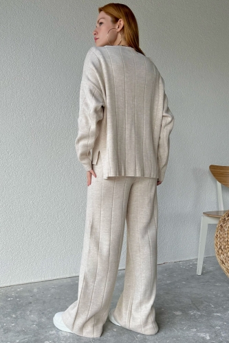 TKM-03489 Taş Rengi Örme Detaylı Triko Bluz Pantolon İkili Takım - Thumbnail