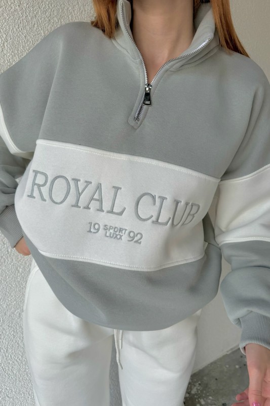 TKM-03494 Boyama Gri Royal Club Nakışlı Dik Yaka Sweat Jogger Eşofman İkili Takım