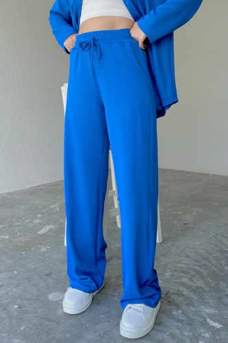 TKM-03498 Saks Mavisi Salaş Gömlek Pantolon Kaşkorse Kumaş İkili Takım - Thumbnail