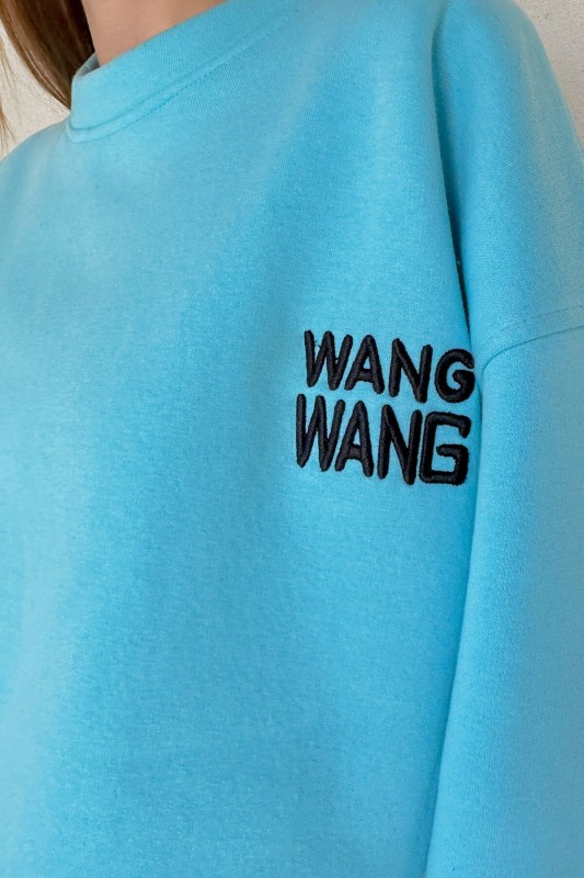 TKM-03507 Mavi Wang Wang Nakışlı Kol Tasarım Detaylı Salaş Üst Palazzo Eşofman İkili Takım
