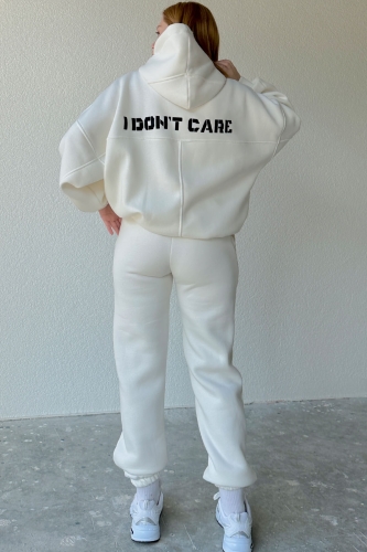 TKM-03508 Beyaz I Don't Care Yazı Nakışlı Oversize Kapüşonlu Bağlamalı Sweatshirt Jogger İkili Takım - Thumbnail