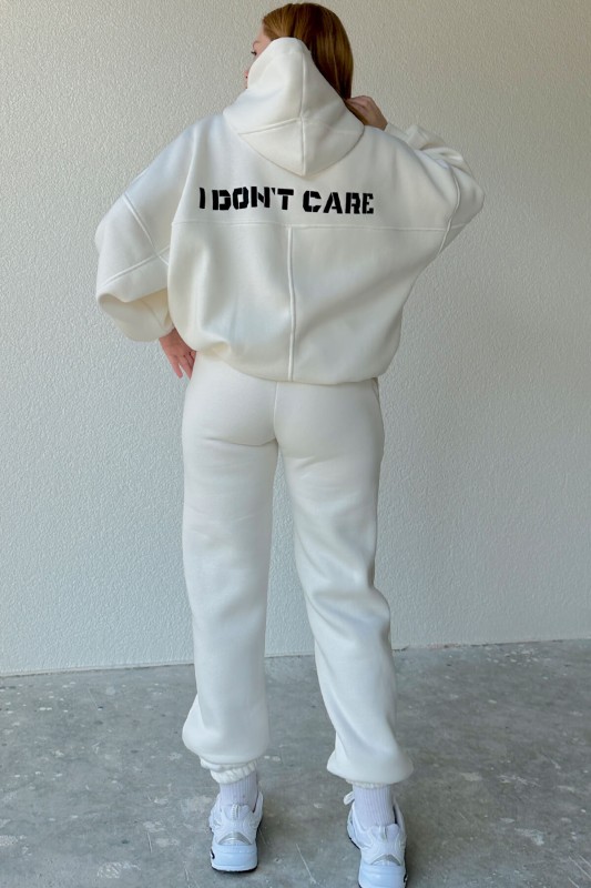 TKM-03508 Beyaz I Don't Care Yazı Nakışlı Oversize Kapüşonlu Bağlamalı Sweatshirt Jogger İkili Takım