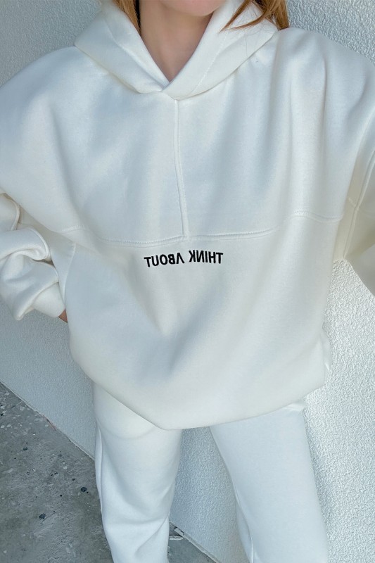 TKM-03508 Beyaz I Don't Care Yazı Nakışlı Oversize Kapüşonlu Bağlamalı Sweatshirt Jogger İkili Takım