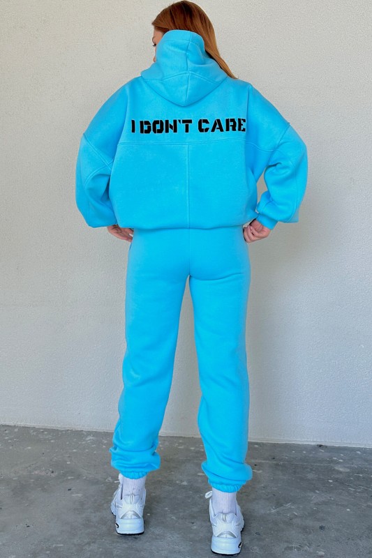 TKM-03508 Mavi I Don't Care Yazı Nakışlı Oversize Kapüşonlu Bağlamalı Sweatshirt Jogger İkili Takım