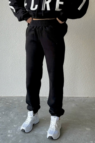 TKM-03509 Siyah Secret Yazı Kabartma Baskılı Üç İplik Şardonlu Oversize Sweatshirt Jogger İkili Takım - Thumbnail