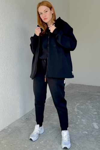 TKM-03510 Siyah Üçlü Astarlı Fermuarlı Yelek Şardonlu Sweatshirt Jogger Eşofman Set Takım - Thumbnail