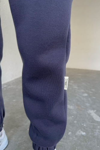 TKM-03511 Füme Polo V Yaka Gizli Cepli Sweatshirt Etiket Detaylı Jogger Üç İplik Şardonlu İkili Takım - Thumbnail