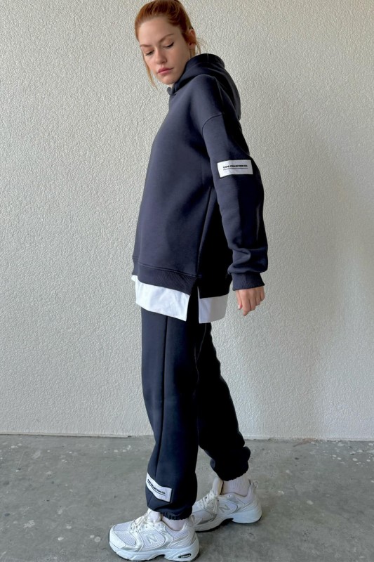 TKM-03516 Füme Basic Detaylı Etiketli Kapüşonlu Sweatshirt Jogger Eşofman İkili Takım