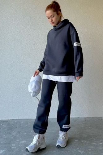 TKM-03516 Füme Basic Detaylı Etiketli Kapüşonlu Sweatshirt Jogger Eşofman İkili Takım - Thumbnail