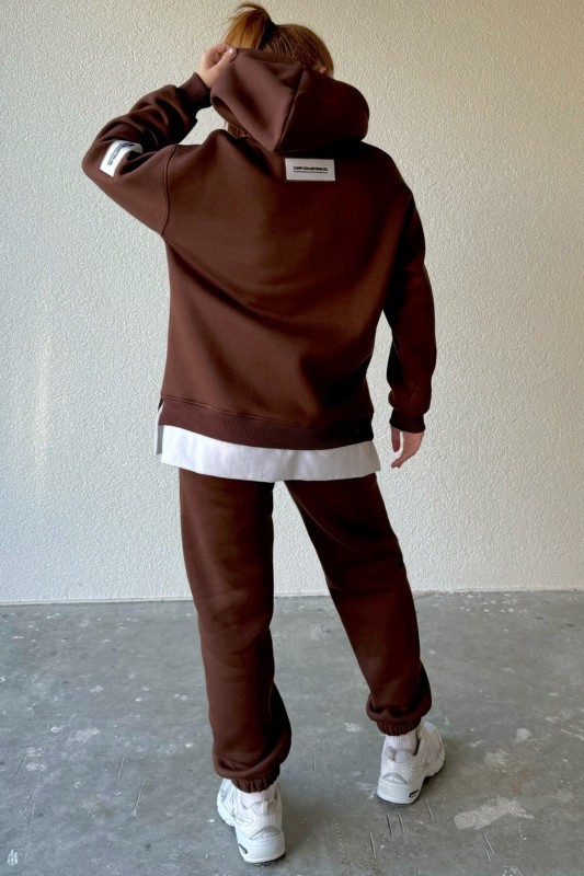 TKM-03516 Kahverengi Basic Detaylı Etiketli Kapüşonlu Sweatshirt Jogger Eşofman İkili Takım