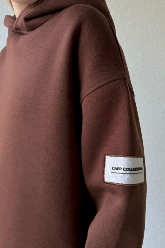 TKM-03516 Kahverengi Basic Detaylı Etiketli Kapüşonlu Sweatshirt Jogger Eşofman İkili Takım - Thumbnail