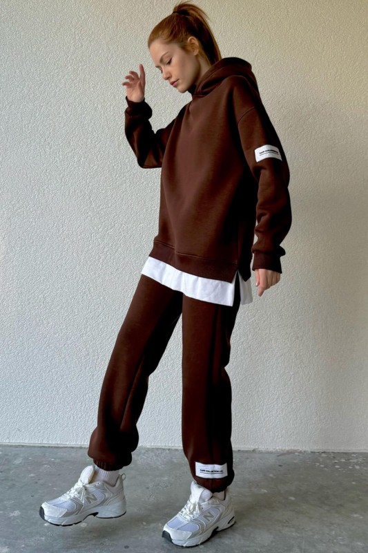 TKM-03516 Kahverengi Basic Detaylı Etiketli Kapüşonlu Sweatshirt Jogger Eşofman İkili Takım