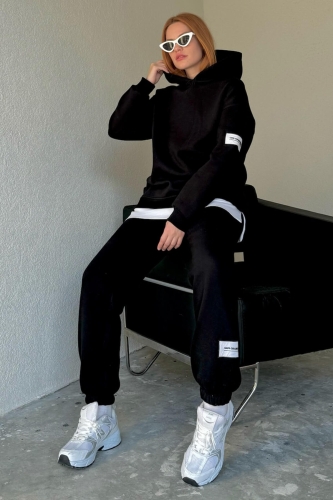 TKM-03516 Siyah Basic Detaylı Etiketli Kapüşonlu Sweatshirt Jogger Eşofman İkili Takım - Thumbnail